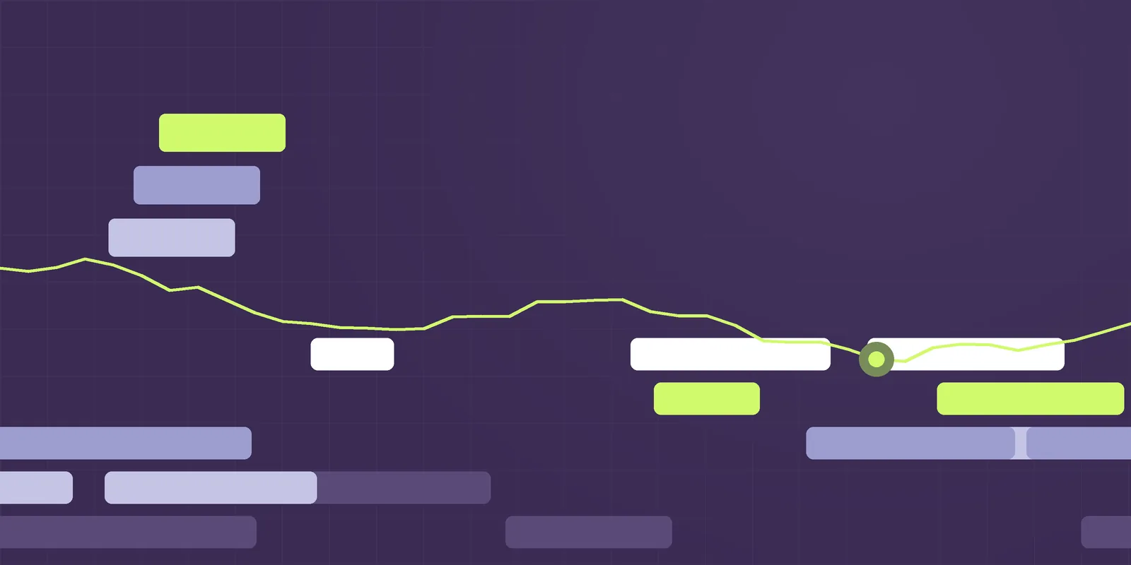 Steppe illustration: stepped terraces in purple, periwinkle and lime with a signal line, for the article Audit evidence collection: stop taking screenshots for your auditor