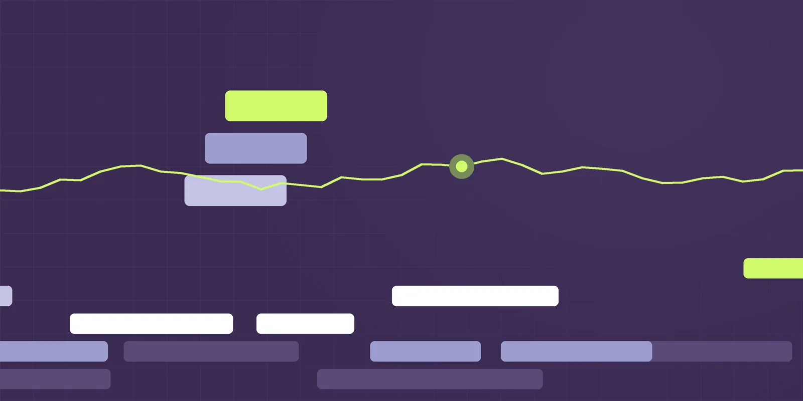 Steppe illustration: stepped terraces in purple, periwinkle and lime with a signal line, for the article Compliance at 200 employees: too big for spreadsheets, too small for a GRC team