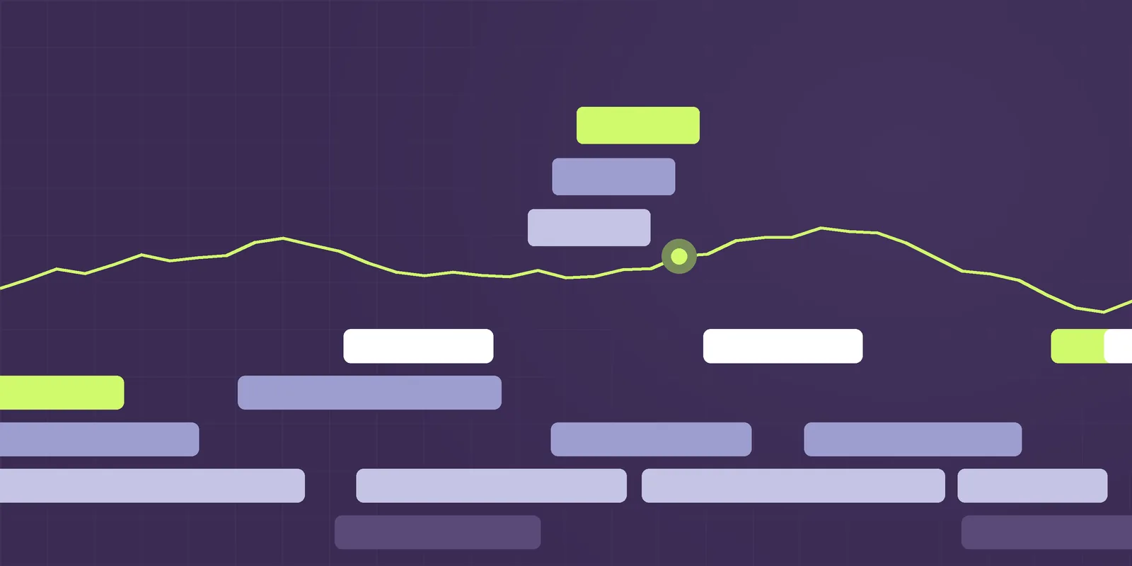 Steppe illustration: stepped terraces in purple, periwinkle and lime with a signal line, for the article Continuous compliance monitoring: why annual audits are no longer enough