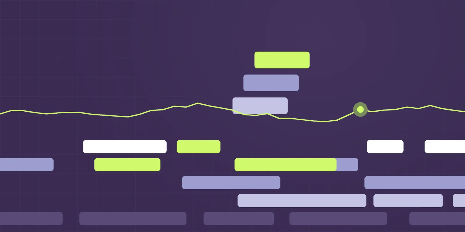 Steppe illustration: stepped terraces in purple, periwinkle and lime with a signal line, for the article How to build a risk register people actually use