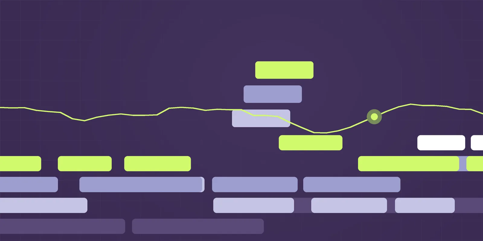 Steppe illustration: stepped terraces in purple, periwinkle and lime with a signal line, for the article Open source GRC tools: what free actually costs