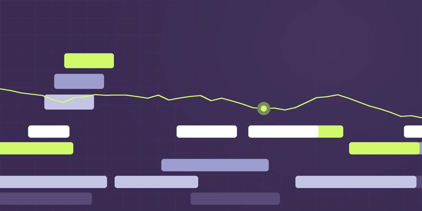 Steppe illustration: stepped terraces in purple, periwinkle and lime with a signal line, for the article The shadow register: the security exceptions every company has and nobody tracks
