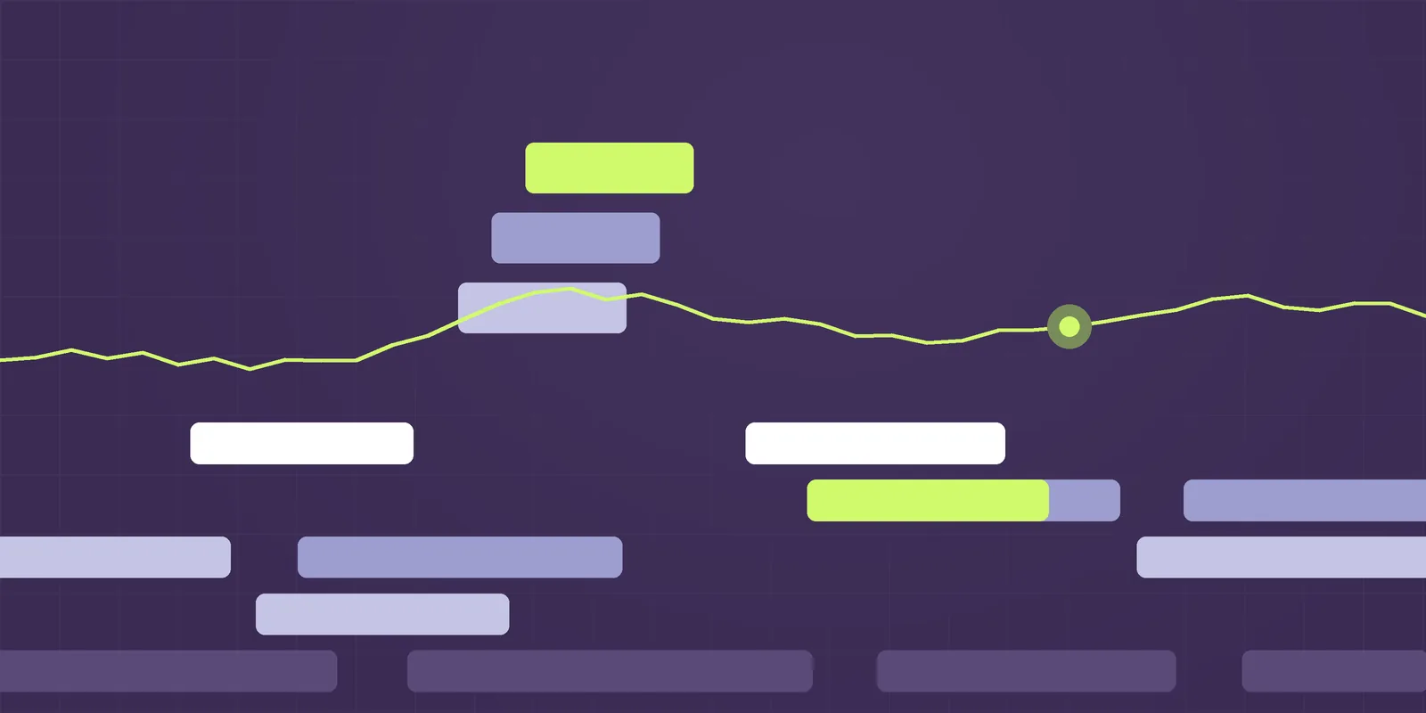 Steppe illustration: stepped terraces in purple, periwinkle and lime with a signal line, for the article Your policy says one thing. Your company does another.