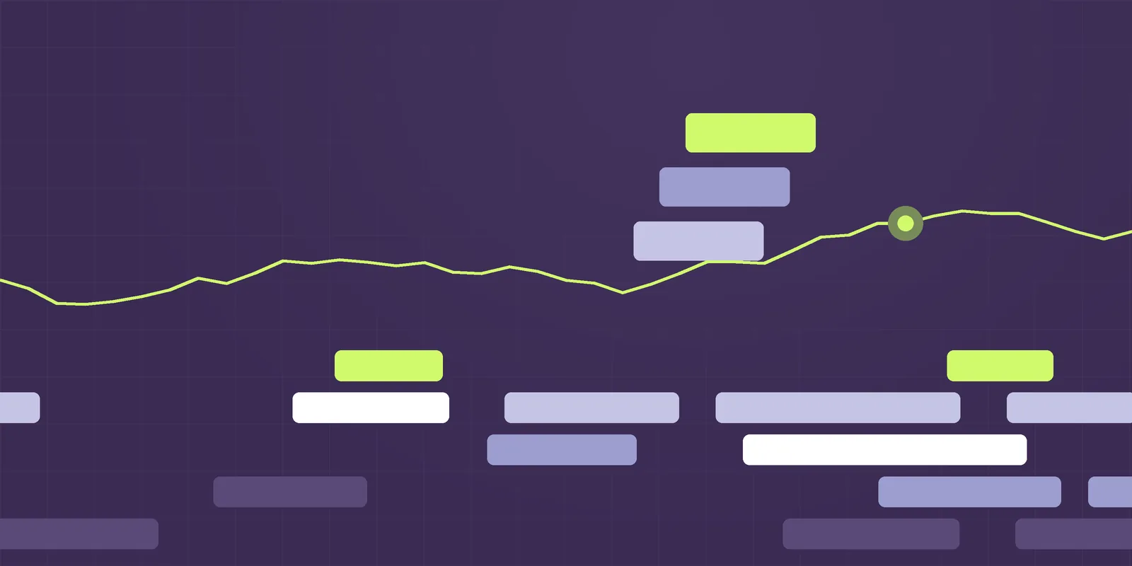 Steppe illustration: stepped terraces in purple, periwinkle and lime with a signal line, for the article User access reviews: how to run one that isn't rubber stamped